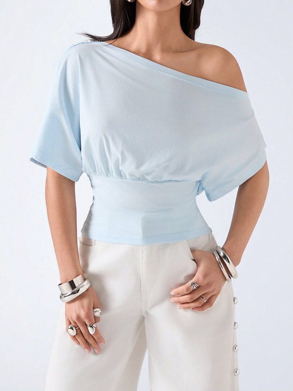 Mint Blue Casual Women's Lace Patchwork Ruffle T-Shirt
